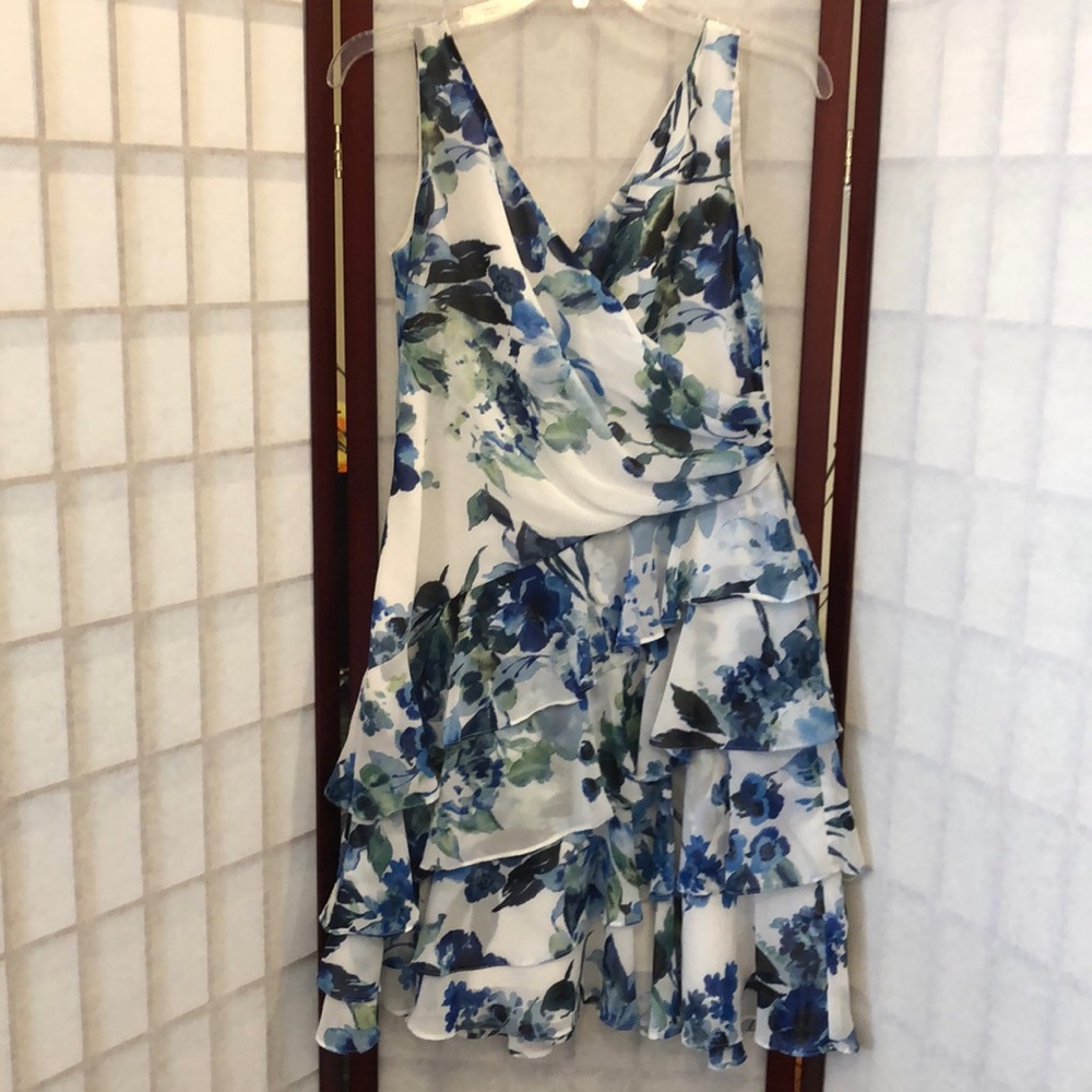 Ralph Lauren tiered ruffles blue green flowers white dress size 2